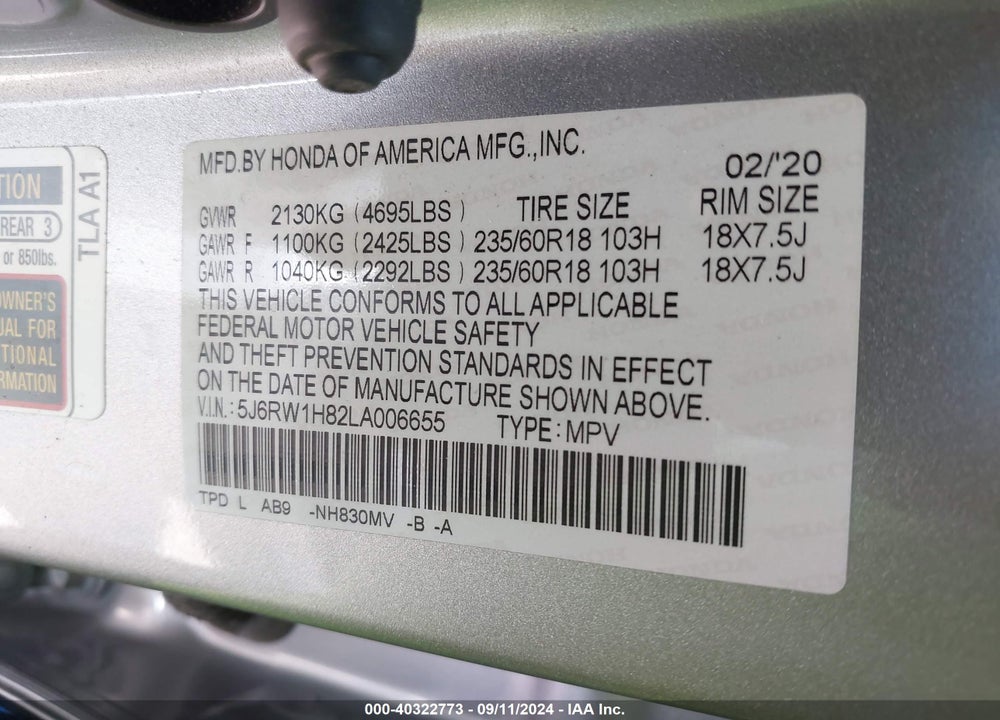 2020 HONDA CR-V 2WD EX-L VIN: 5J6RW1H82LA006655