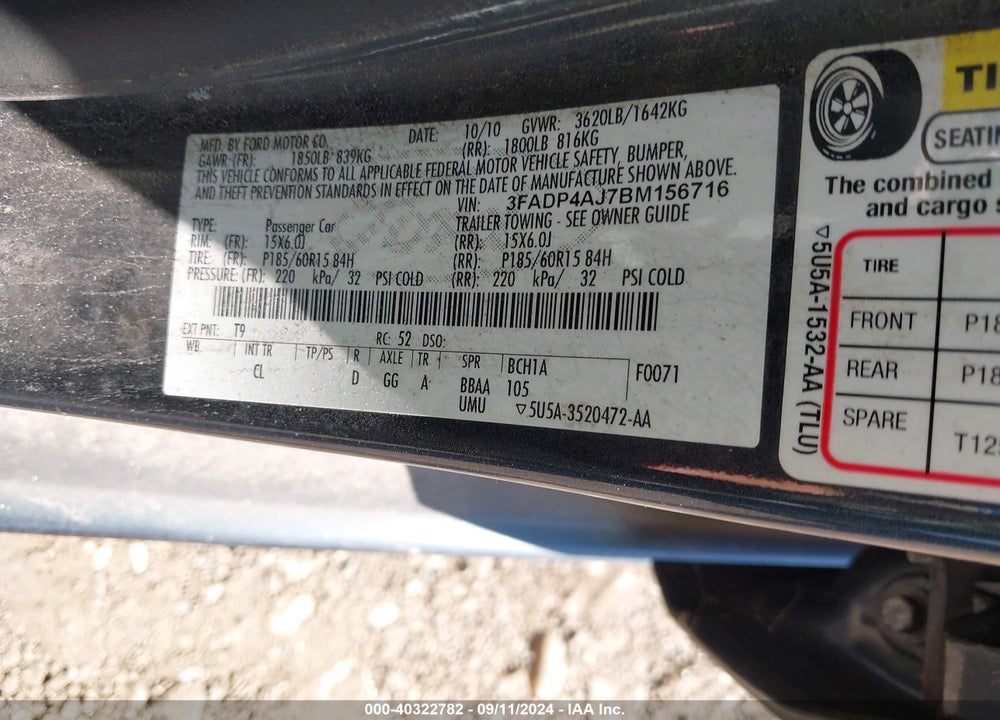 2011 FORD FIESTA S VIN: 3FADP4AJ7BM156716