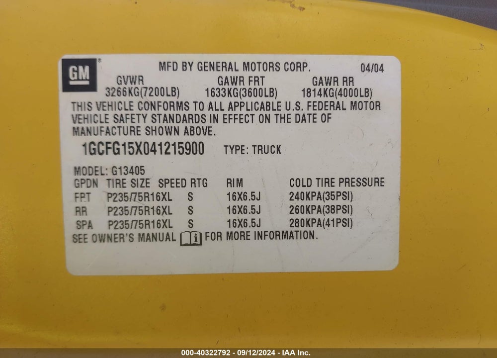 2004 CHEVROLET EXPRESS VIN: 1GCFG15X041215900