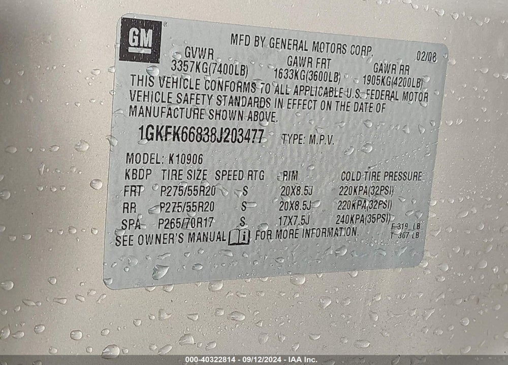 2008 GMC YUKON XL 1500 DENALI VIN: 1GKFK66838J203477