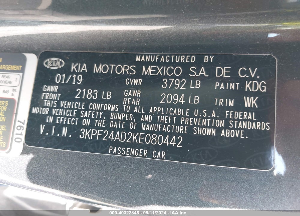 2019 KIA FORTE LXS VIN: 3KPF24AD2KE080442