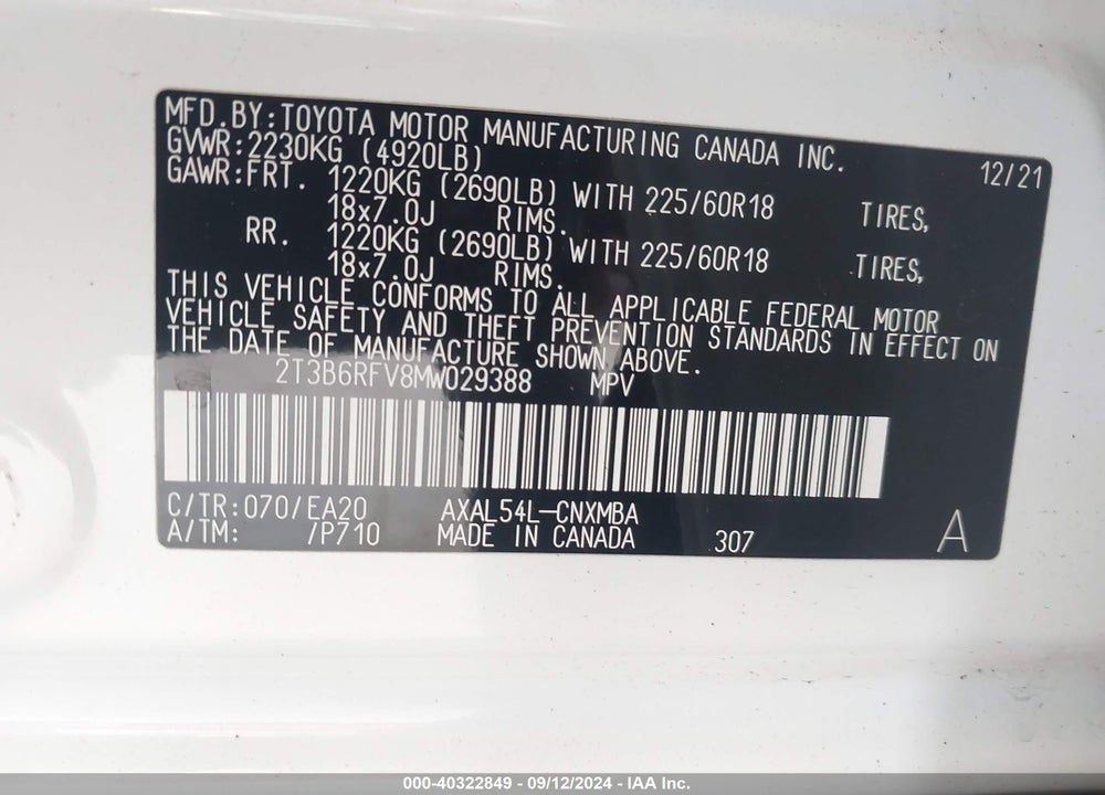 2021 TOYOTA RAV4 HYBRID XLE PREMIUM VIN: 2T3B6RFV8MW029388