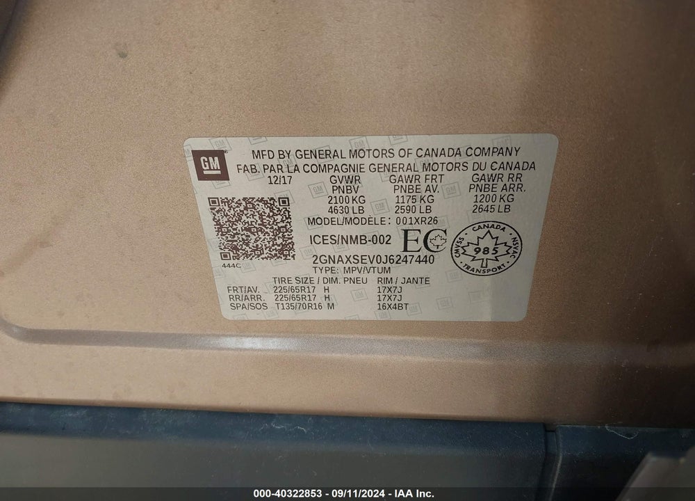 2018 CHEVROLET EQUINOX LT VIN: 2GNAXSEV0J6247440