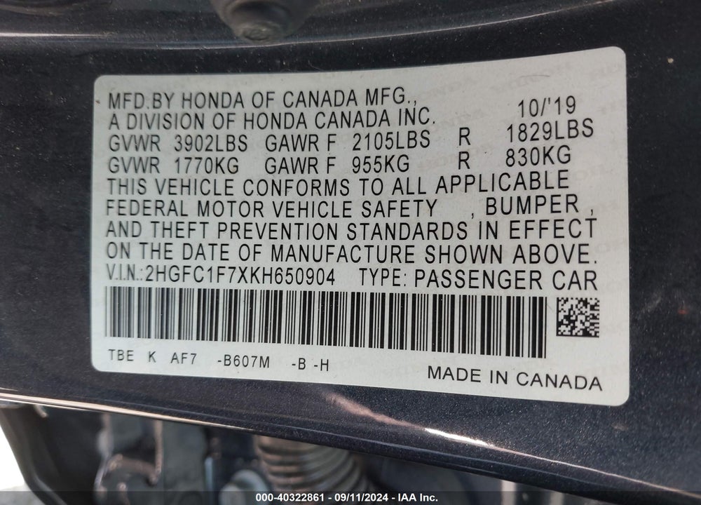 2019 HONDA CIVIC EX-L VIN: 2HGFC1F7XKH650904