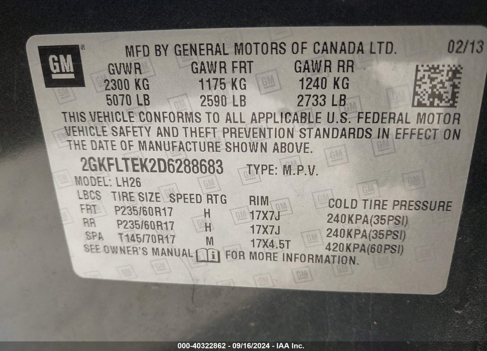 2013 GMC TERRAIN VIN: 2GKFLTEK2D6288683