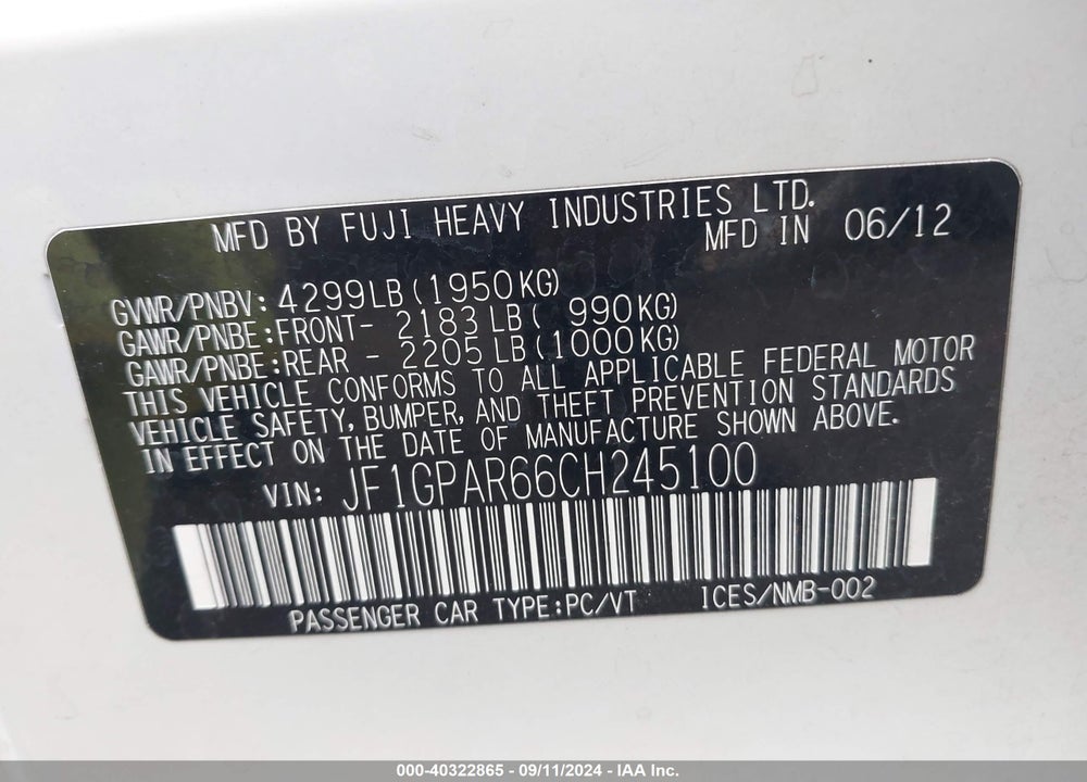 2012 SUBARU IMPREZA 2.0I SPORT LIMITED VIN: JF1GPAR66CH245100