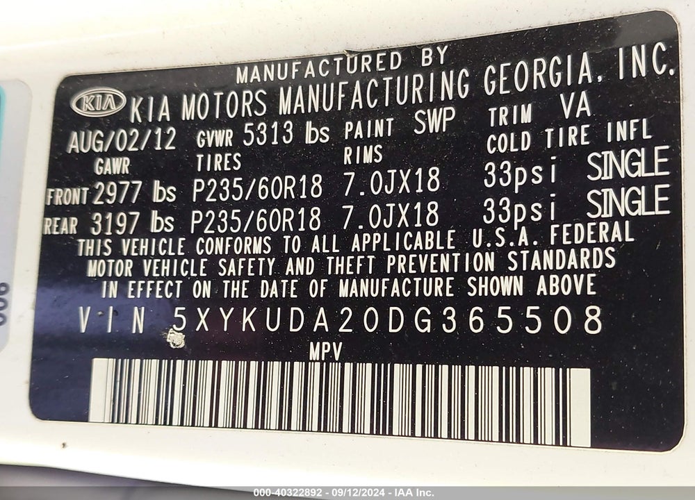 2013 KIA SORENTO EX V6 VIN: 5XYKUDA20DG365508