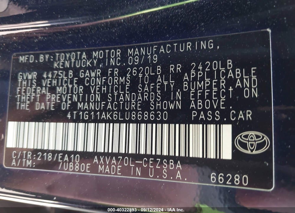 2020 TOYOTA CAMRY SE VIN: 4T1G11AK6LU868630