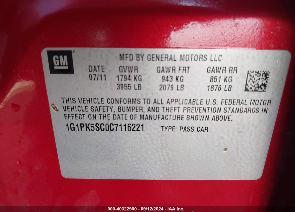 2012 CHEVROLET CRUZE ECO VIN: 1G1PK5SC0C7116221