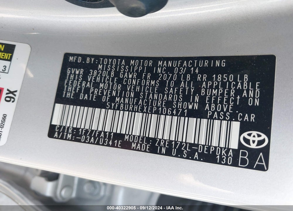 2014 TOYOTA COROLLA L VIN: 5YFBURHEXEP106471