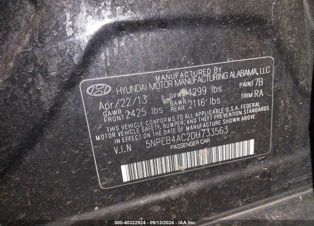 2013 HYUNDAI SONATA GLS VIN: 5NPEB4AC2DH733563