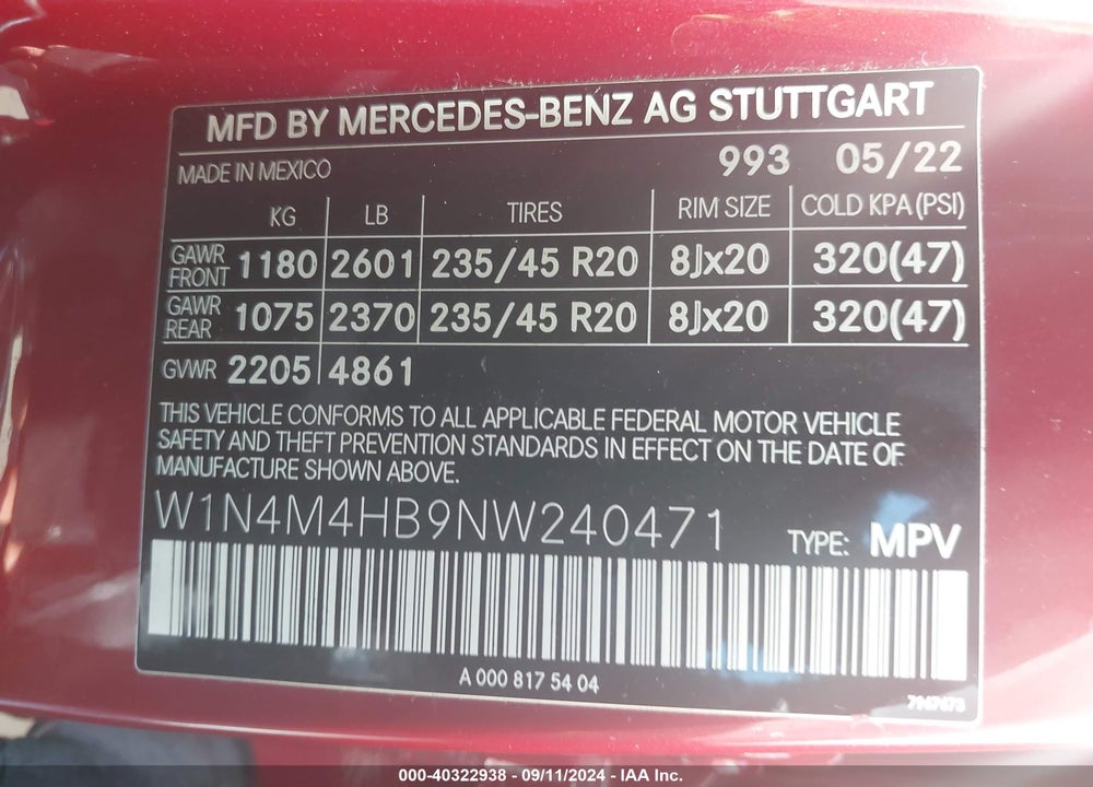 2022 MERCEDES-BENZ GLB 250 4MATIC VIN: W1N4M4HB9NW240471