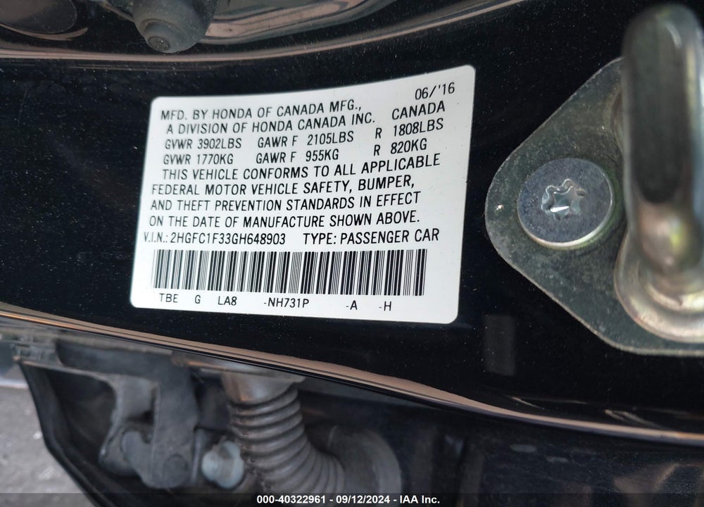 2016 HONDA CIVIC EX-T VIN: 2HGFC1F33GH648903
