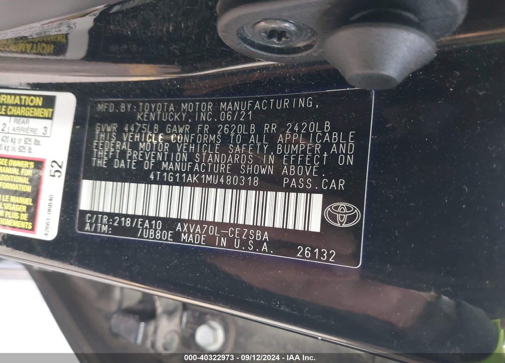 2021 TOYOTA CAMRY SE VIN: 4T1G11AK1MU480318
