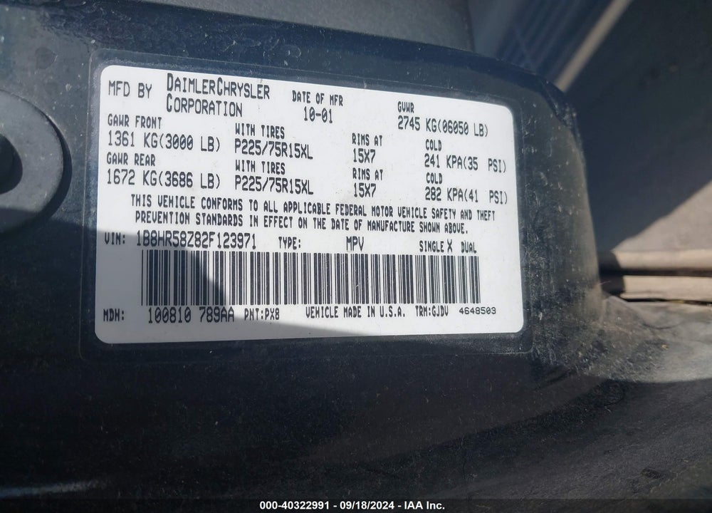 2002 DODGE DURANGO SLT PLUS VIN: 1B8HR58Z82F123971