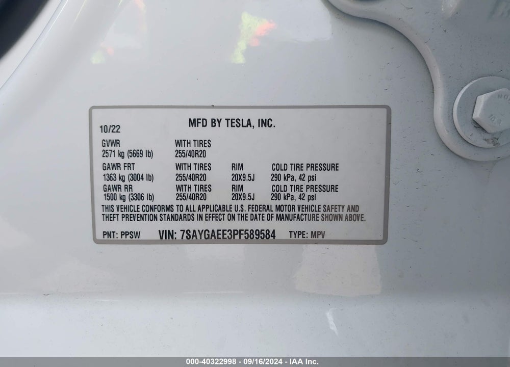 2023 TESLA MODEL Y AWD/LONG RANGE DUAL MOTOR ALL-WHEEL DRIVE VIN: 7SAYGAEE3PF589584