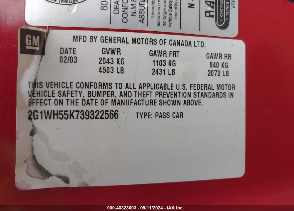 2003 CHEVROLET IMPALA LS VIN: 2G1WH55K739322566