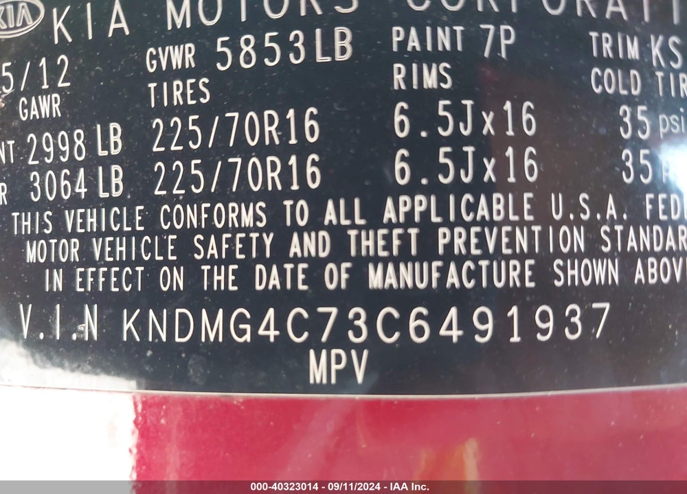 2012 KIA SEDONA LX VIN: KNDMG4C73C6491937