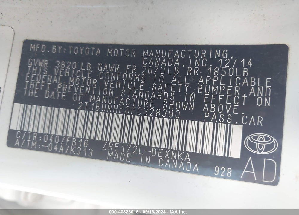 2015 TOYOTA COROLLA LE VIN: 2T1BURHE0FC328390