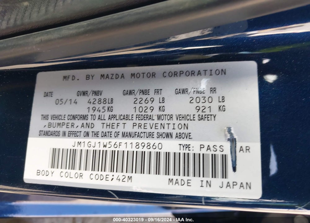 2015 MAZDA 6 I GRAND TOURING VIN: JM1GJ1W56F1189860