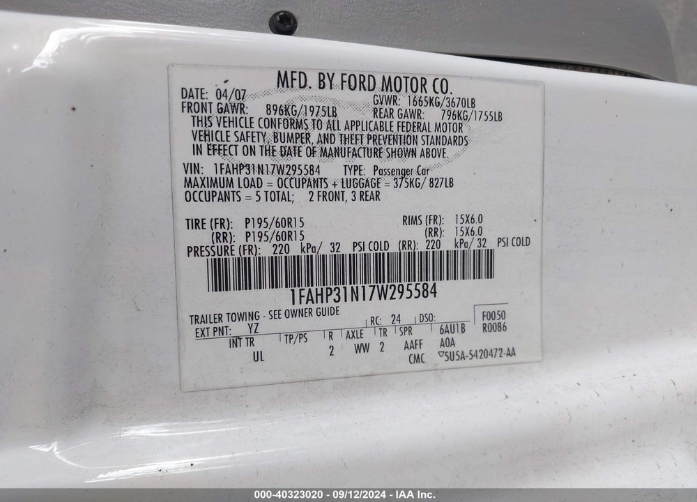2007 FORD FOCUS S/SE/SES VIN: 1FAHP31N17W295584
