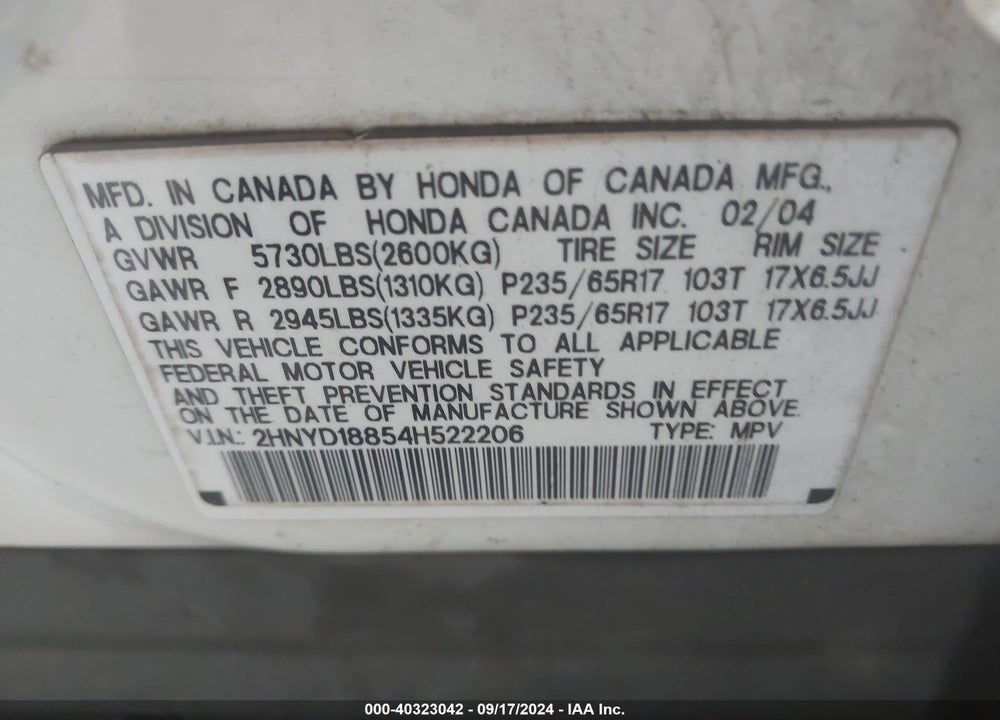2004 ACURA MDX VIN: 2HNYD18854H522206