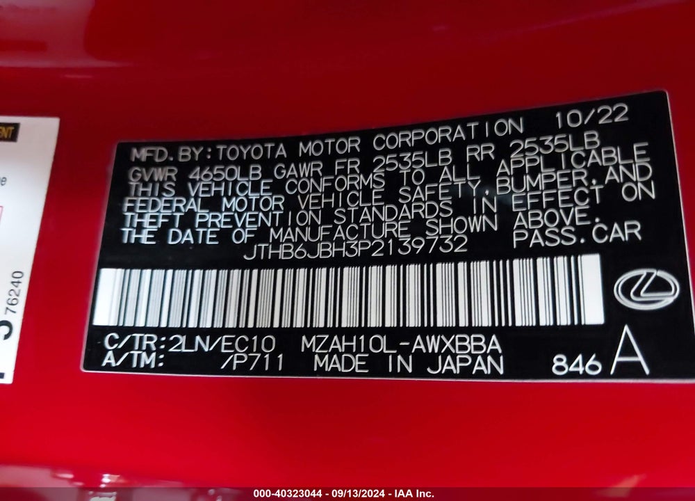 2023 LEXUS UX 250H F SPORT DESIGN VIN: JTHB6JBH3P2139732