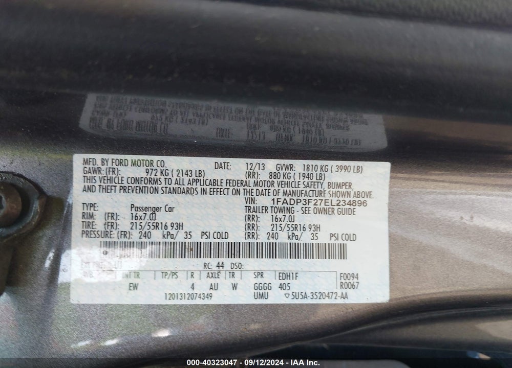 2014 FORD FOCUS SE VIN: 1FADP3F27EL234896