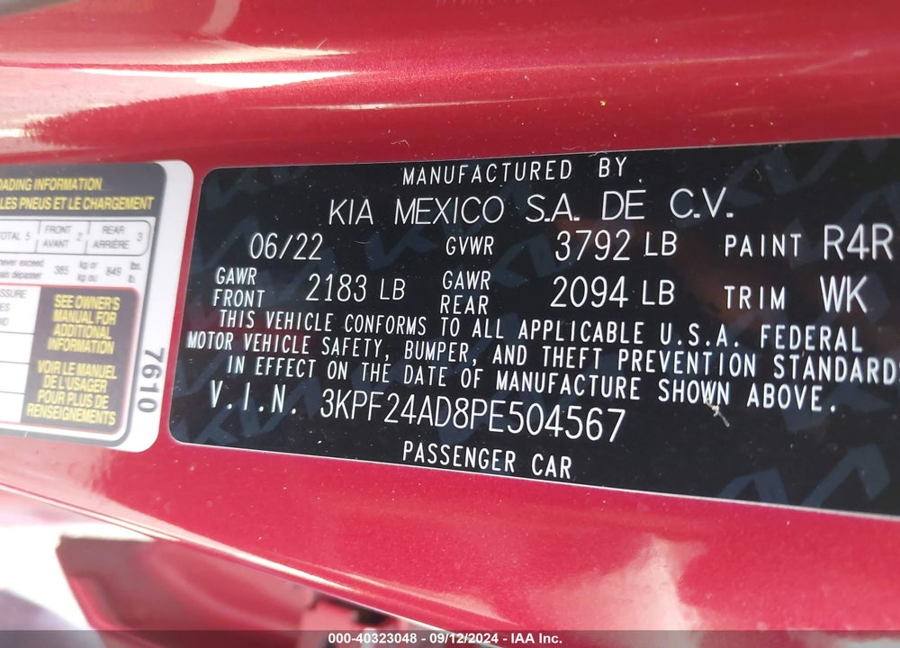 2023 KIA FORTE LXS VIN: 3KPF24AD8PE504567