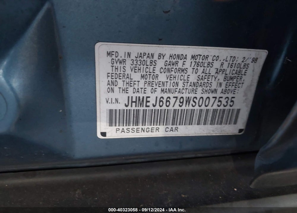 1998 HONDA CIVIC LX VIN: JHMEJ6679WS007535