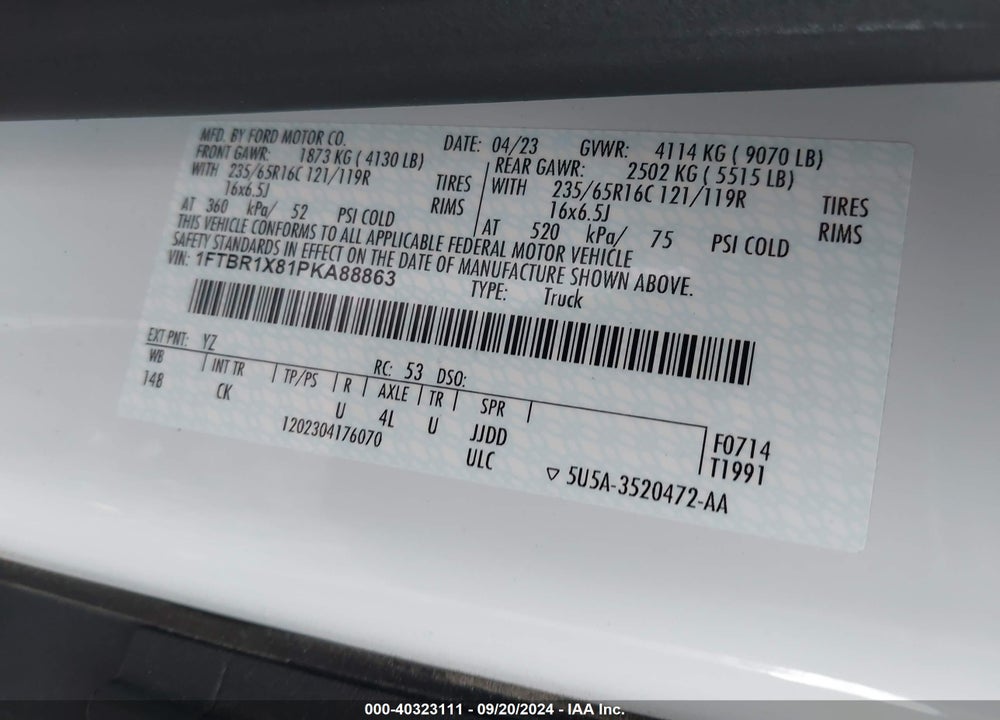 2023 FORD TRANSIT-250 VIN: 1FTBR1X81PKA88863