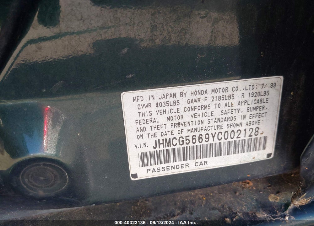 2000 HONDA ACCORD 2.3 EX VIN: JHMCG5669YC002128