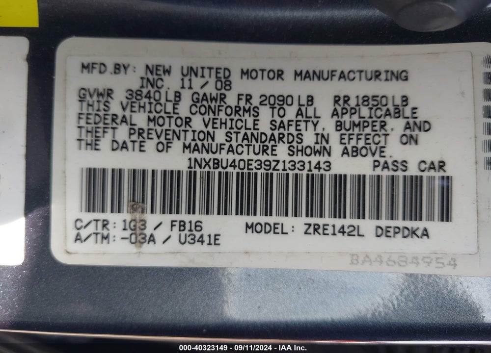 2009 TOYOTA COROLLA LE VIN: 1NXBU40E39Z133143