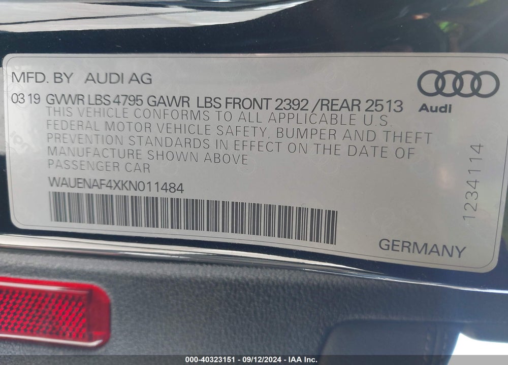2019 AUDI A4 45 PREMIUM VIN: WAUENAF4XKN011484