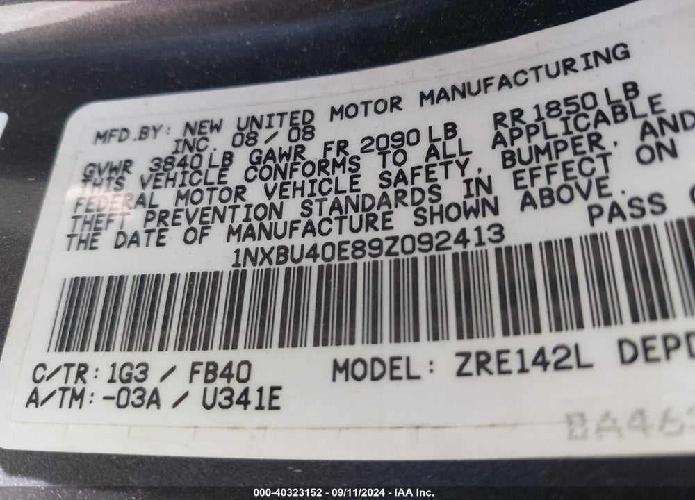 2009 TOYOTA COROLLA LE VIN: 1NXBU40E89Z092413