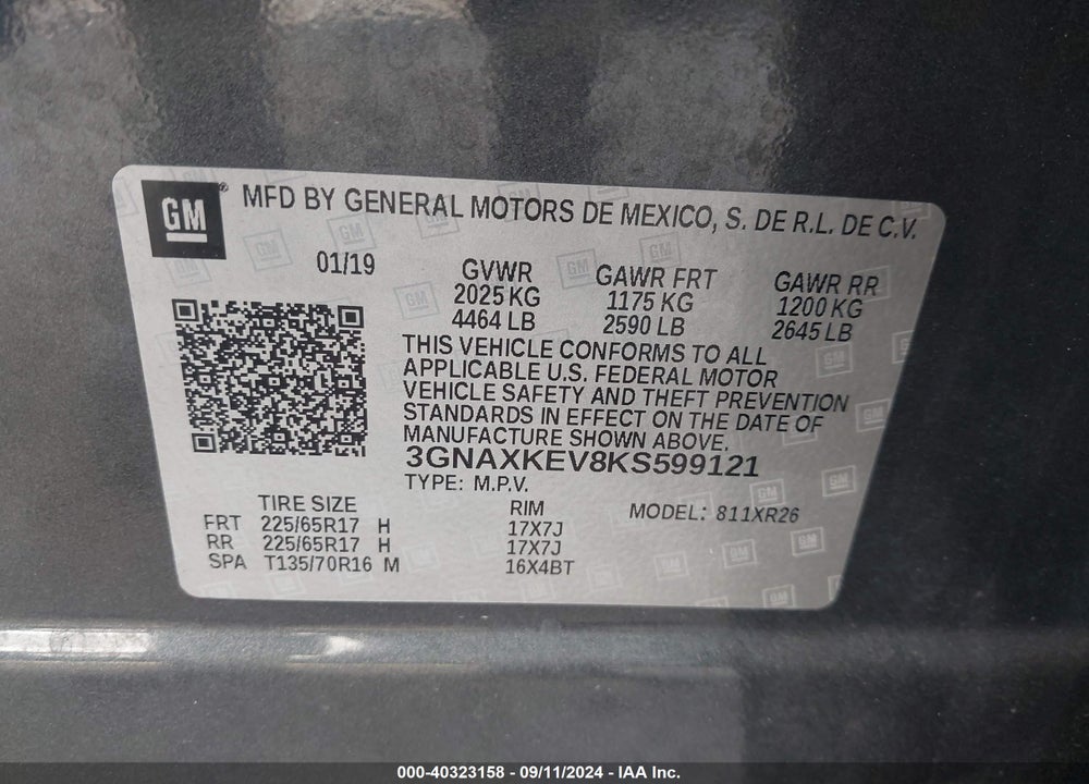 2019 CHEVROLET EQUINOX LT VIN: 3GNAXKEV8KS599121