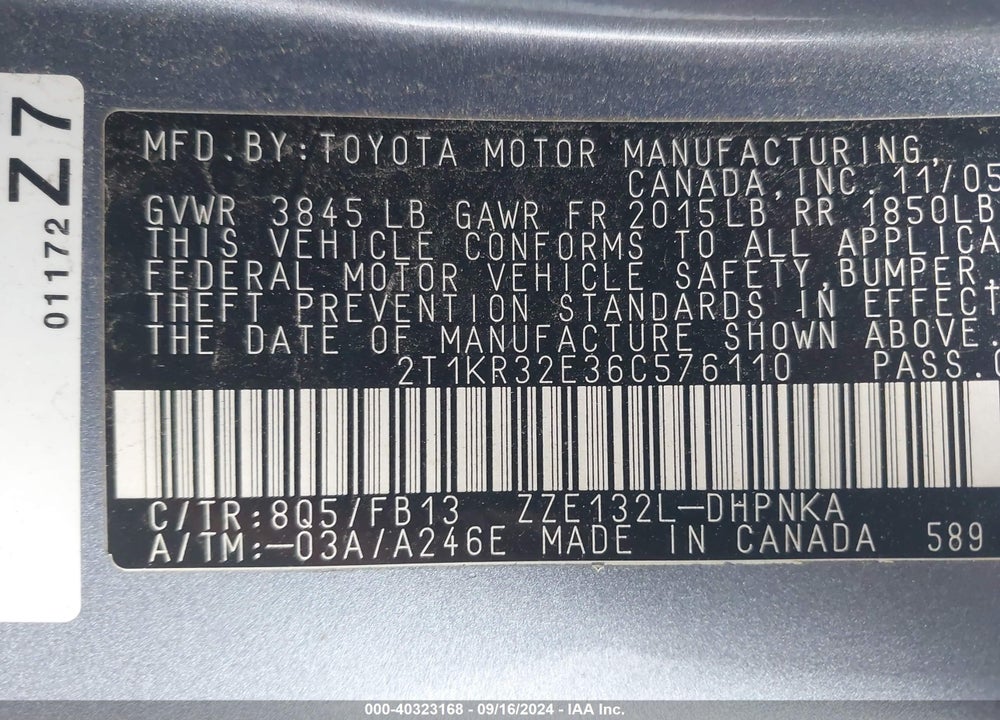 2006 TOYOTA MATRIX/XR VIN: 2T1KR32E36C576110