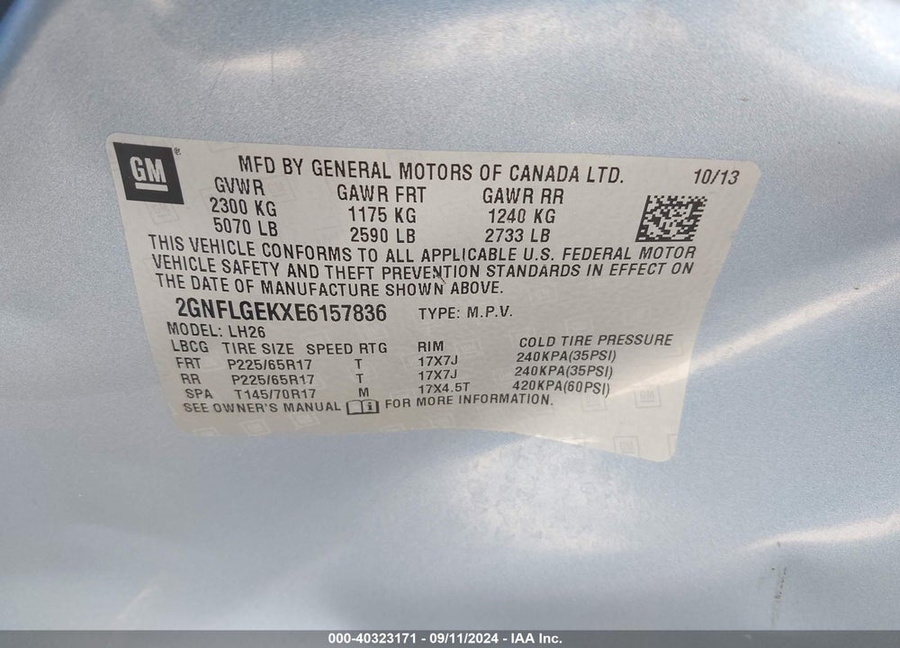 2014 CHEVROLET EQUINOX 2LT VIN: 2GNFLGEKXE6157836