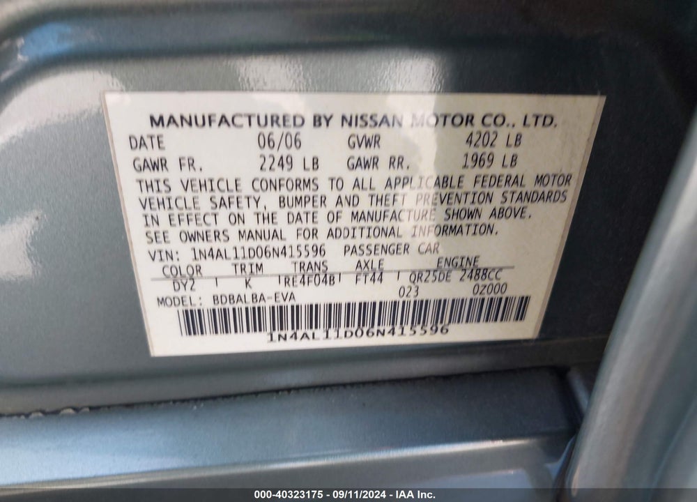 2006 NISSAN ALTIMA 2.5 S VIN: 1N4AL11D06N415596