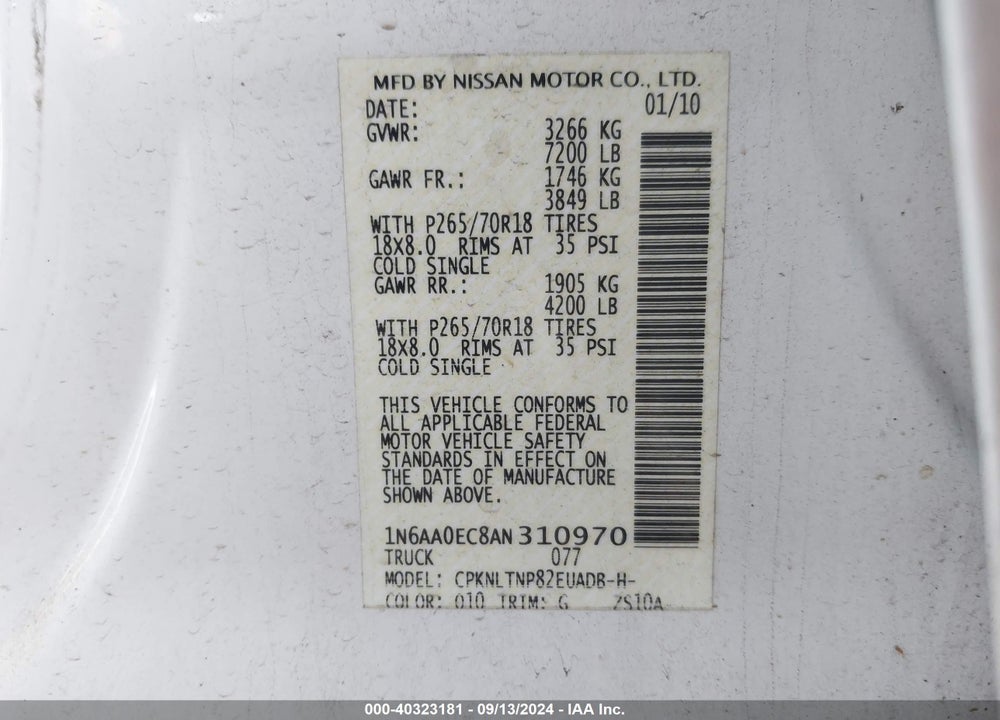 2010 NISSAN TITAN SE VIN: 1N6AA0EC8AN310970