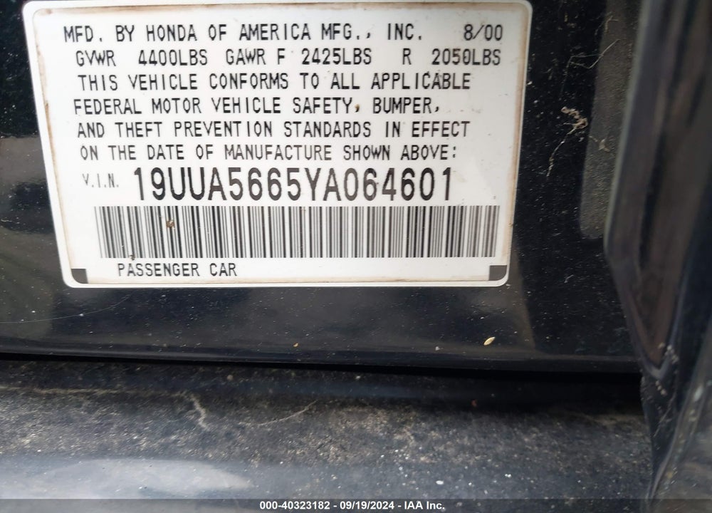 2000 ACURA TL 3.2 VIN: 19UUA5665YA064601