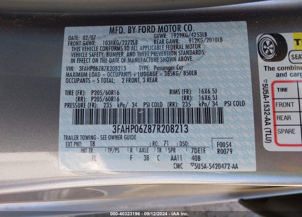 2007 FORD FUSION S VIN: 3FAHP06Z87R208213