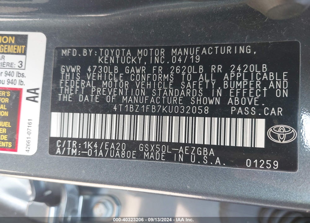 2019 TOYOTA AVALON XLE VIN: 4T1BZ1FB7KU032058
