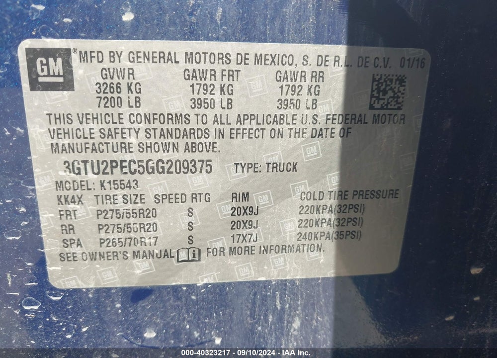 2016 GMC SIERRA 1500 DENALI VIN: 3GTU2PEC5GG209375