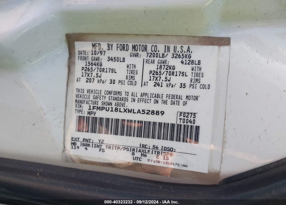 1998 FORD EXPEDITION EDDIE BAUER/XLT VIN: 1FMPU18LXWLA52889