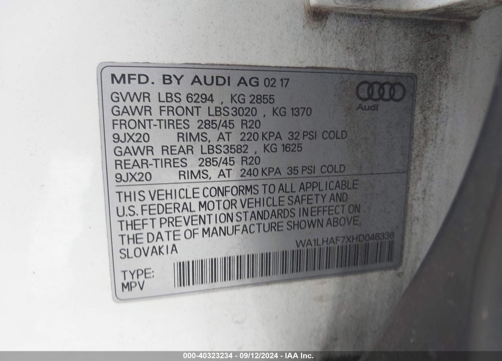 2017 AUDI Q7 2.0T PREMIUM VIN: WA1LHAF7XHD046336