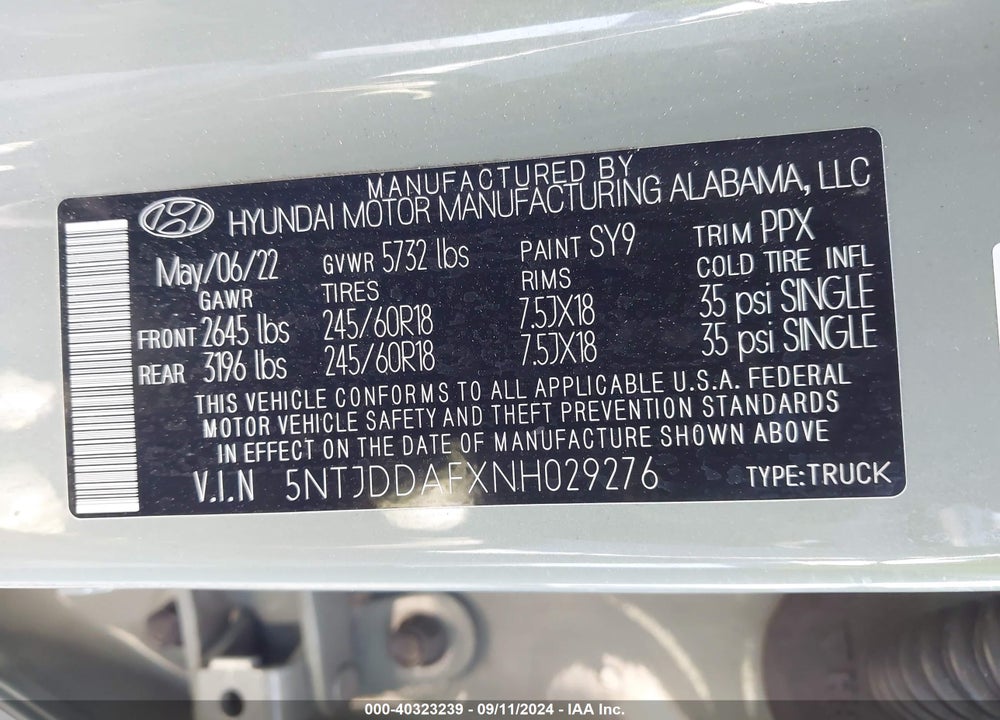 2022 HYUNDAI SANTA CRUZ SEL PREMIUM VIN: 5NTJDDAFXNH029276