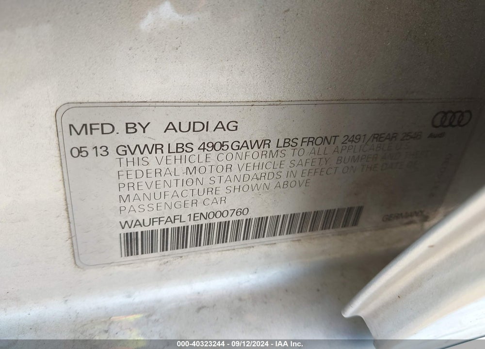 2014 AUDI A4 VIN: WAUFFAFL1EN000760