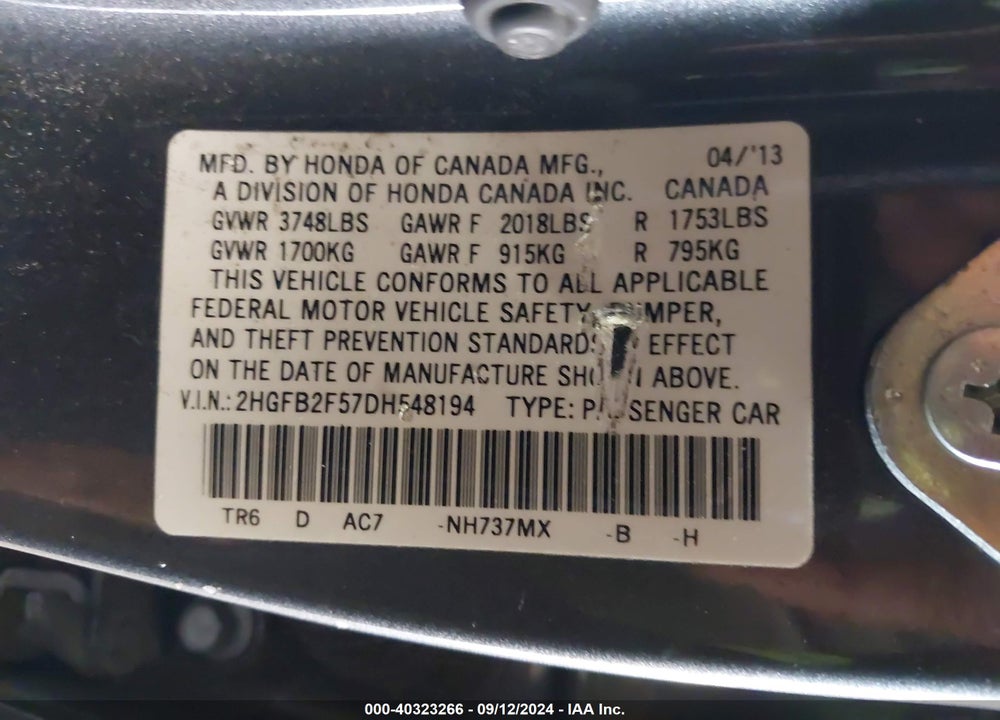 2013 HONDA CIVIC LX VIN: 2HGFB2F57DH548194