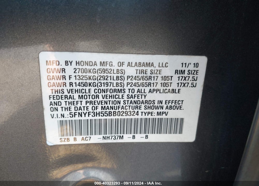 2011 HONDA PILOT EX-L VIN: 5FNYF3H55BB029324